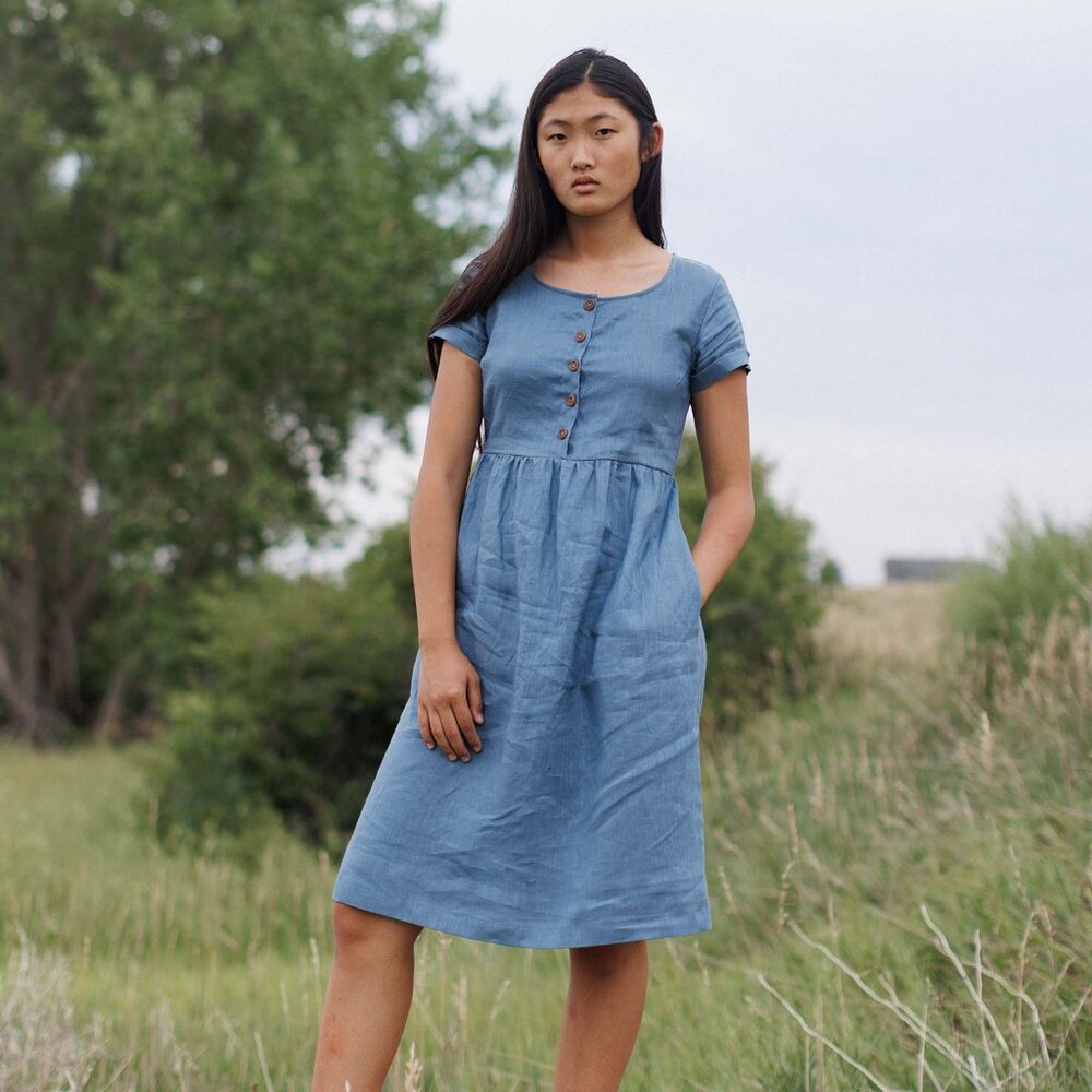 Pyne & Smith Model No.11 Classic Button Up Midi Linen Dress in Salcombe Blue - S